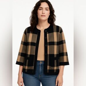 Mercer Street Studio Black & Brown Plaid Button Down Cardigan Sweater Medium
